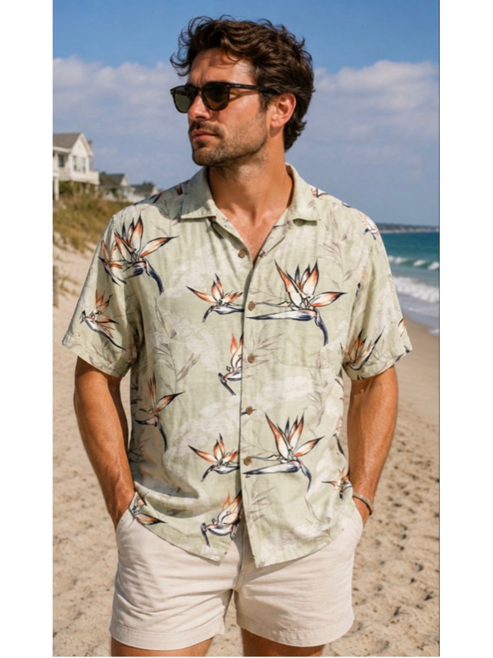Men's Palm Island Clothing Co. Casual Button Down Shirt M Light Green Orange